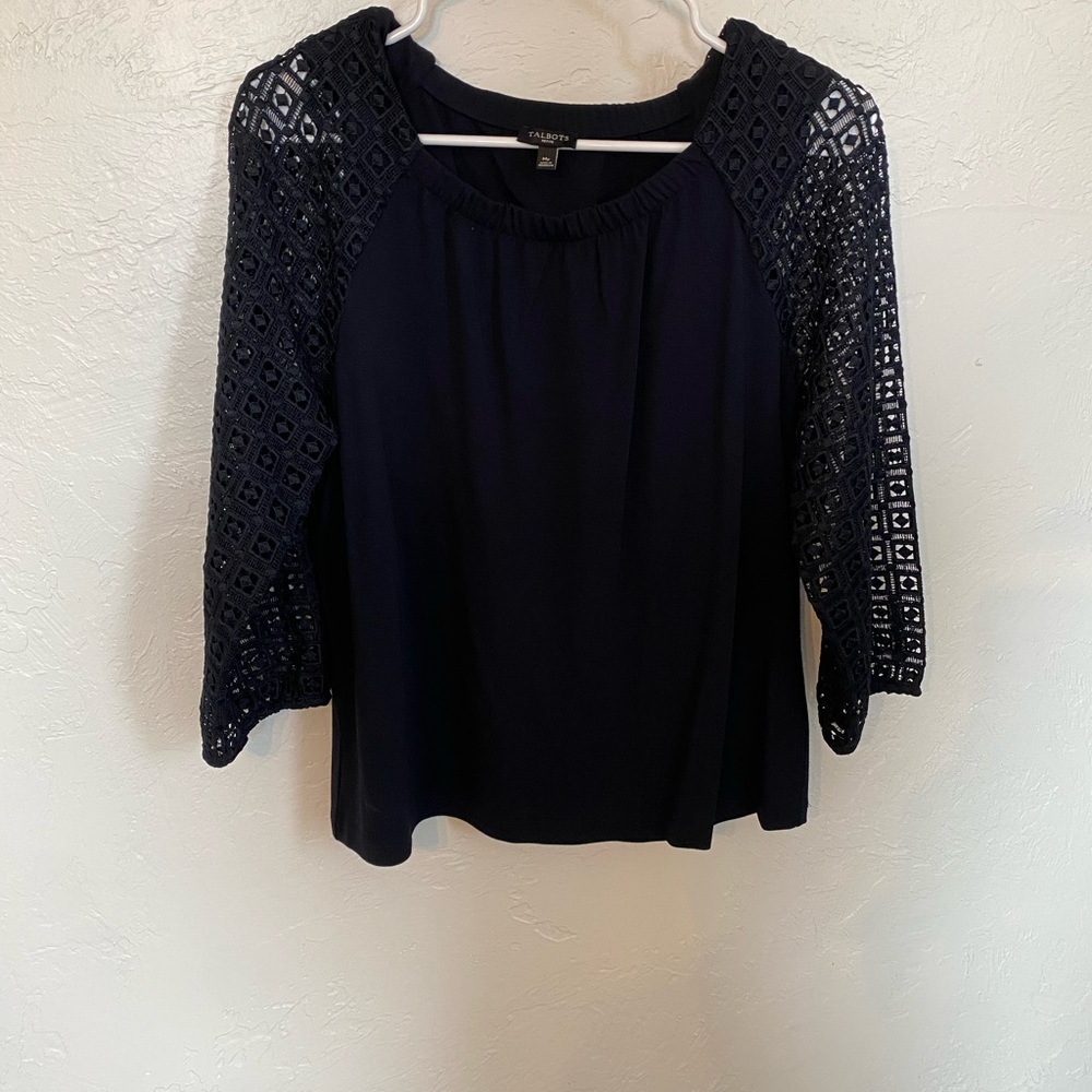 Talbots Navy Crochet Sleeve Blouse